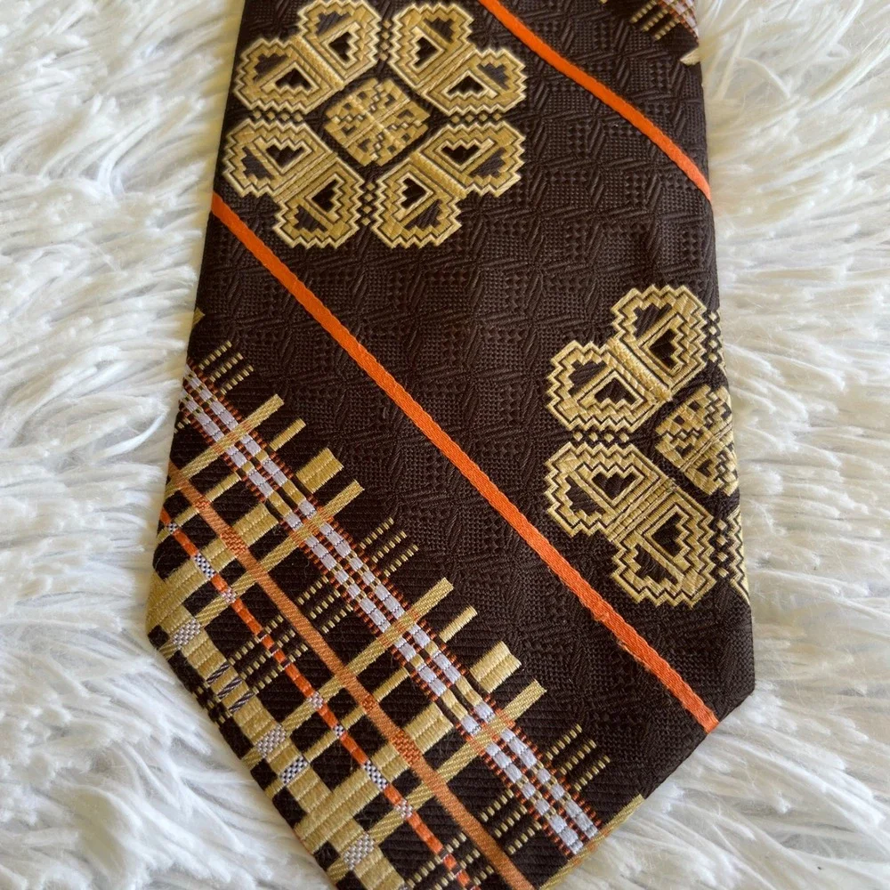 Vintage 70s Sears Polyester Wide Necktie Brown Jacquard Gold Beige Orange